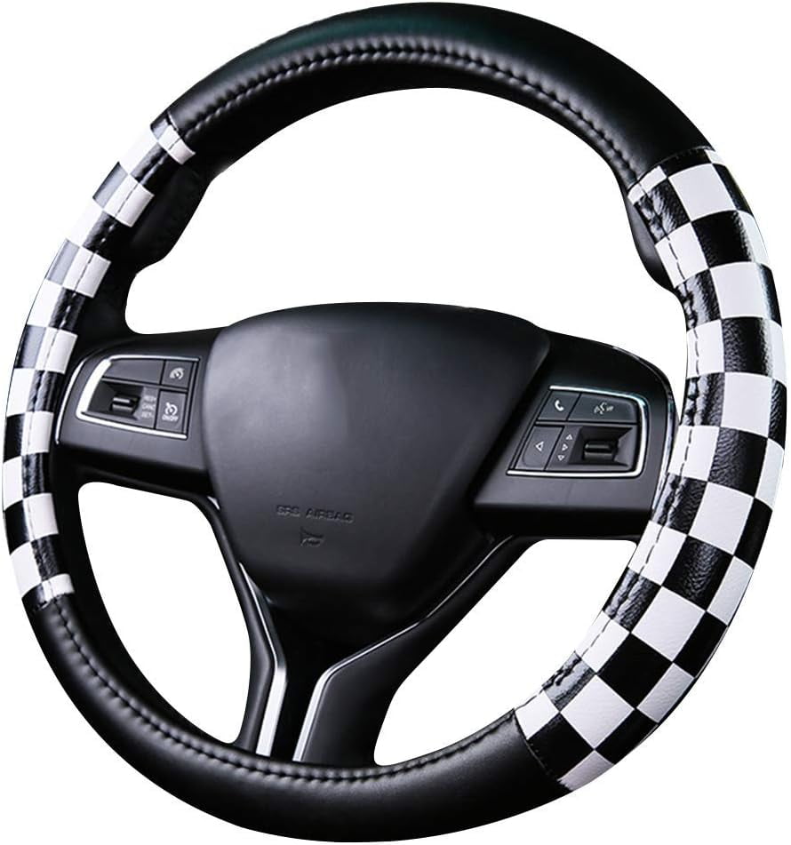 1 Pack Grid Style Microfiber Leather Auto Car Steering Wheel Cover Universal 15 Inch for Women Men, Black