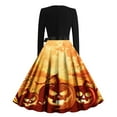 thumbnail image 3 of QATAINLAV Hepburn Cocktail Party Evening Dresses for Women Halloween Printed Long Sleeve Round Neck Midi Dress, Black, L, 3 of 4