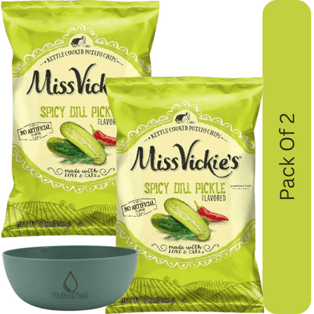 Miss Vickie's Spicy Dill Pickle Flavored Kettle Cooked Potato Chips, 8 oz Bag With Olive Green Bowl By ValueNest