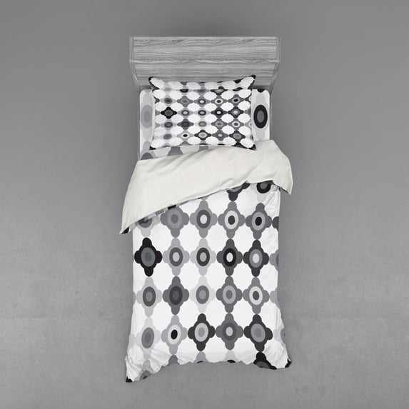 Abstract Duvet Cover Set, Surreal Irregular Geometric Shapes in Greyscale Tones, Bedding Set with Shams and Fitted Sheet, 3 Sizes, by Ambesonne