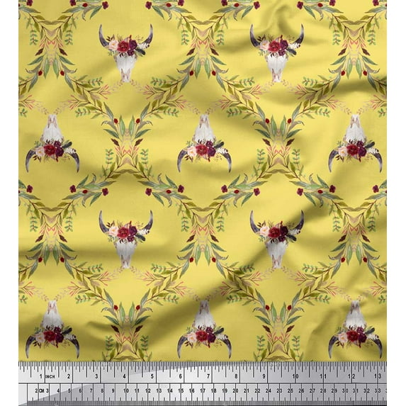 Soimoi Yellow Moss Georgette Fabric Floral & Cow Skull Head Damask Print Fabric by the Yard 44 Inch Wide