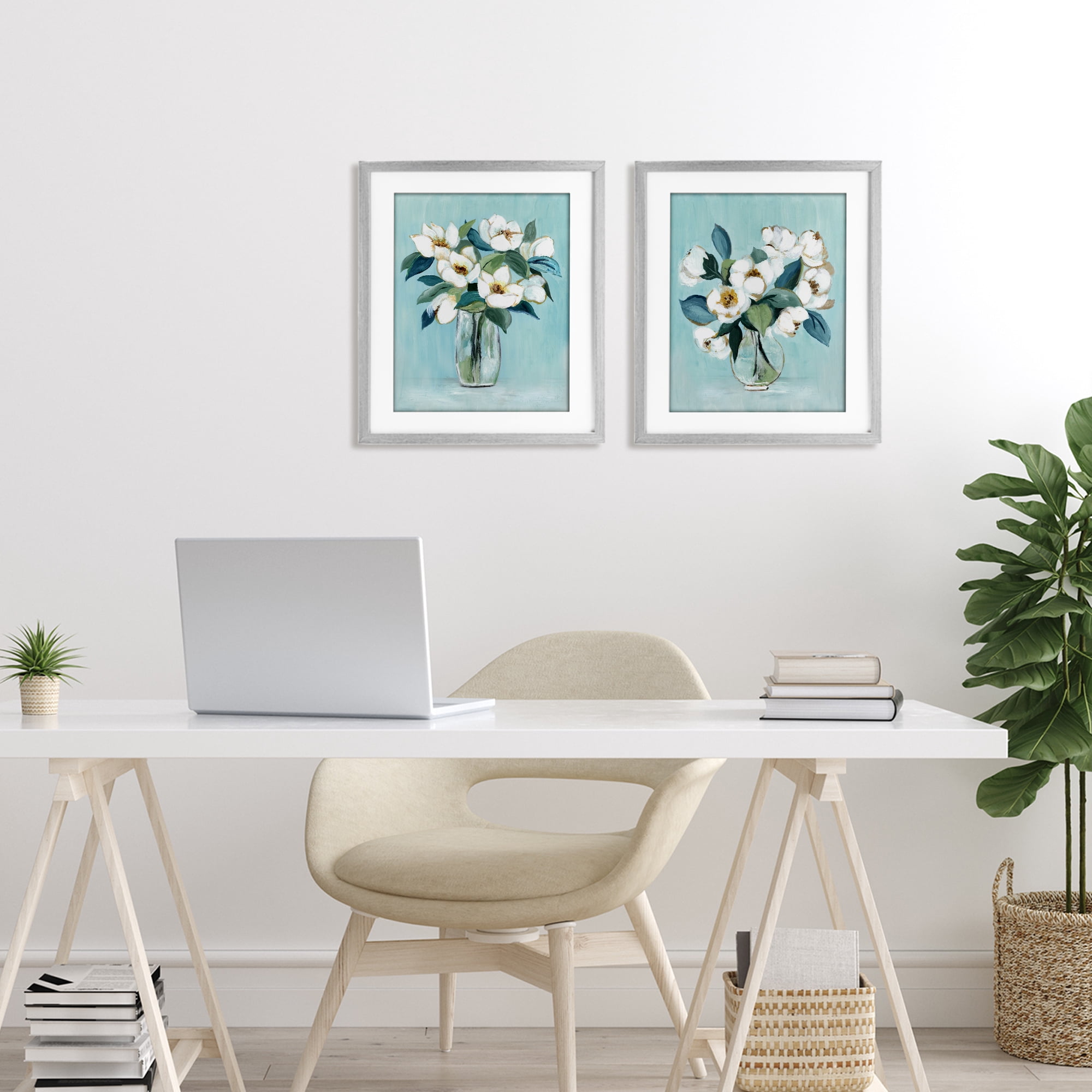 Stupell Industries Magnolia Blossom Vases 2 Piece Gray Framed Print Under Glass Set, design by Janet Tava