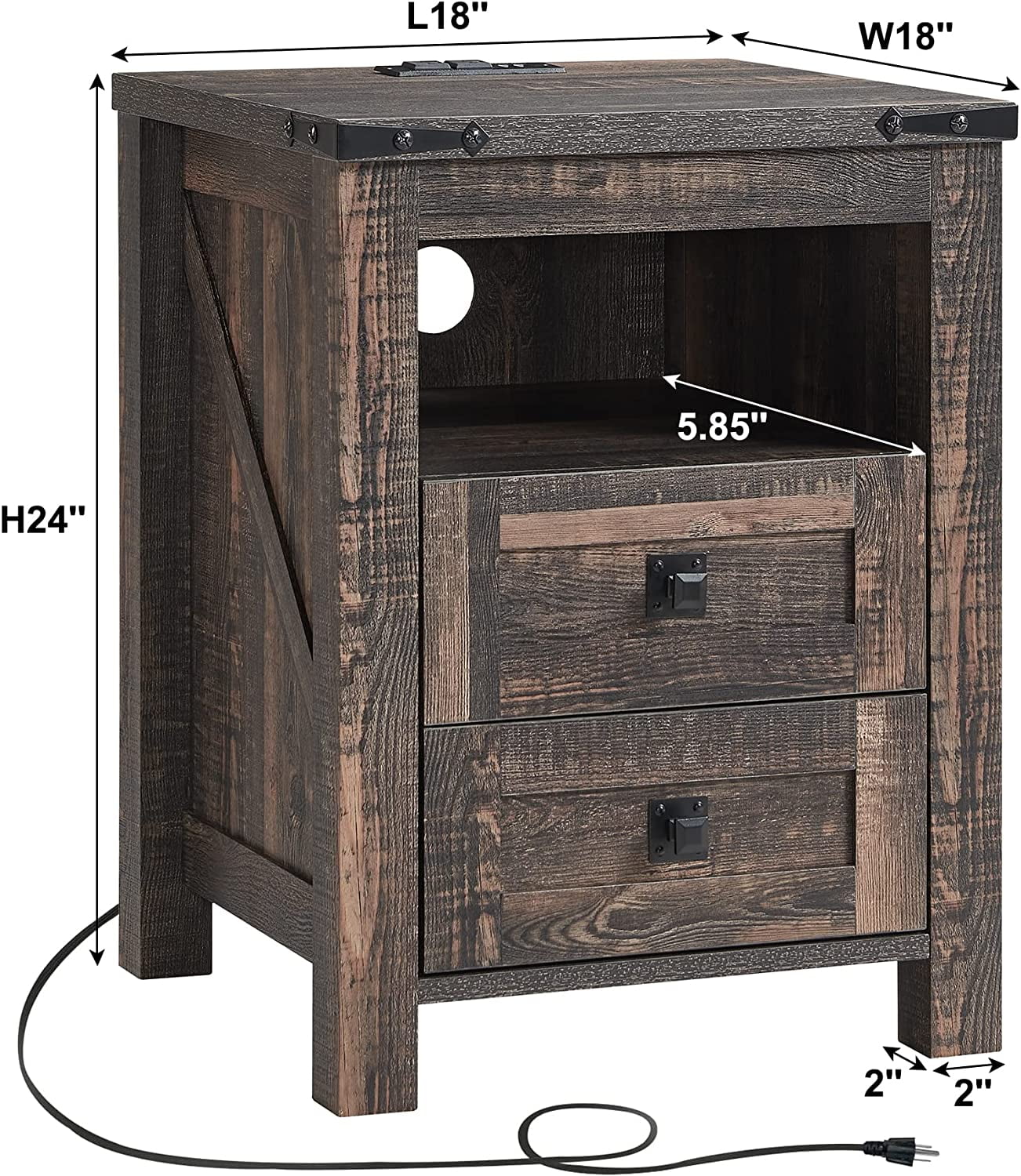 OKD Farmhouse Nightstand with Charging Station for Bedroom, 2-Drawer Rustic End Tables for Living Room, Dark Rustic Oak