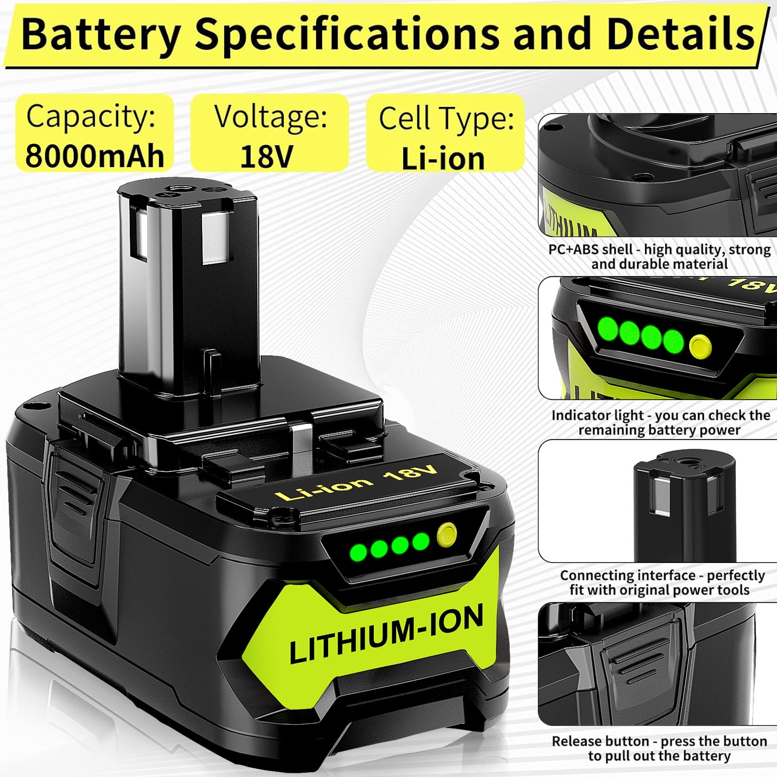TenHutt 18V 8.0Ah Replacement for Ryobi 18V Battery P102 P103 P105 P107 P108 P109 Compatible with 18V ONE system cordless power tools