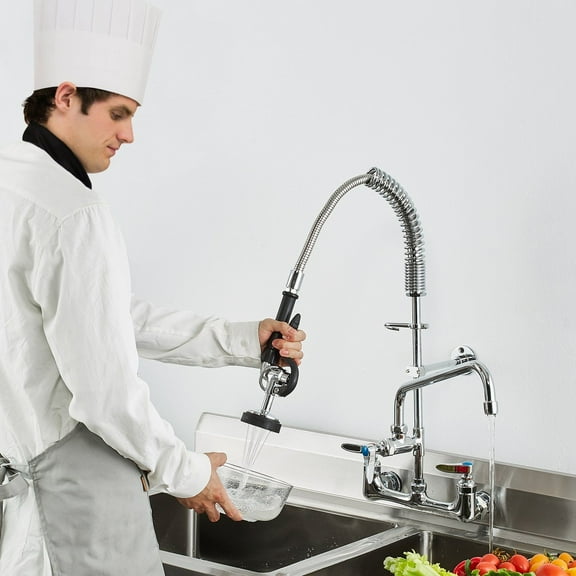Brass Commercial Pre-Rinse Kitchen Faucet - 25 Inch Height, 8 Inch Centerset, 12 Inch Swing Spout, Wall Mount Pull Down Sprayer for 1/2/3 Compartment Sinks