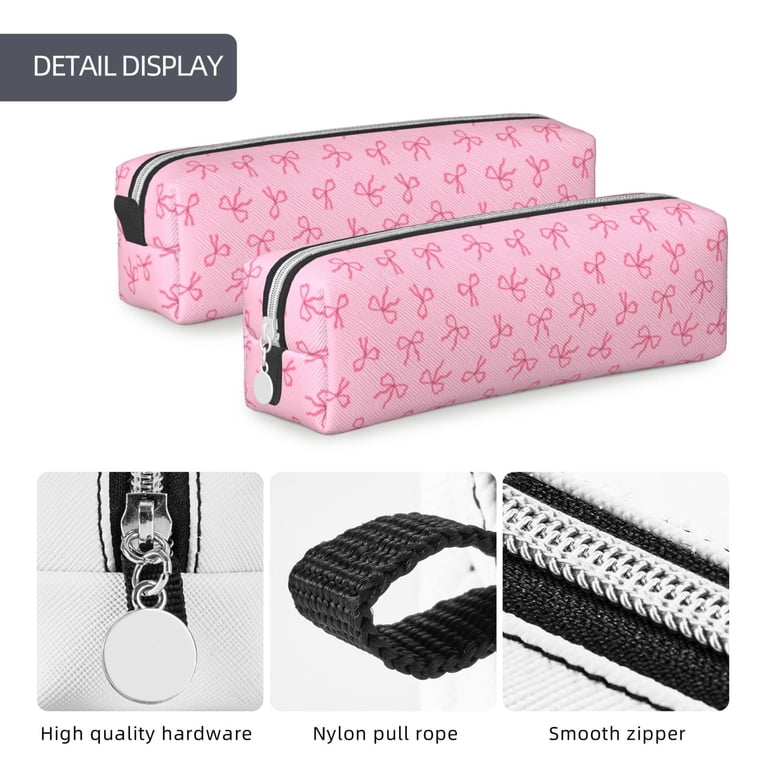 Pofeuu Pink Bows Print Leather Pencil Case, Leather Pencil Pouch