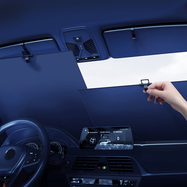 Parasol retráctil para parabrisas de coche. Gran protector solar que bloquea los rayos para mantener fresco el vehículo. Compatible con ventanas delanteras de varios modelos.