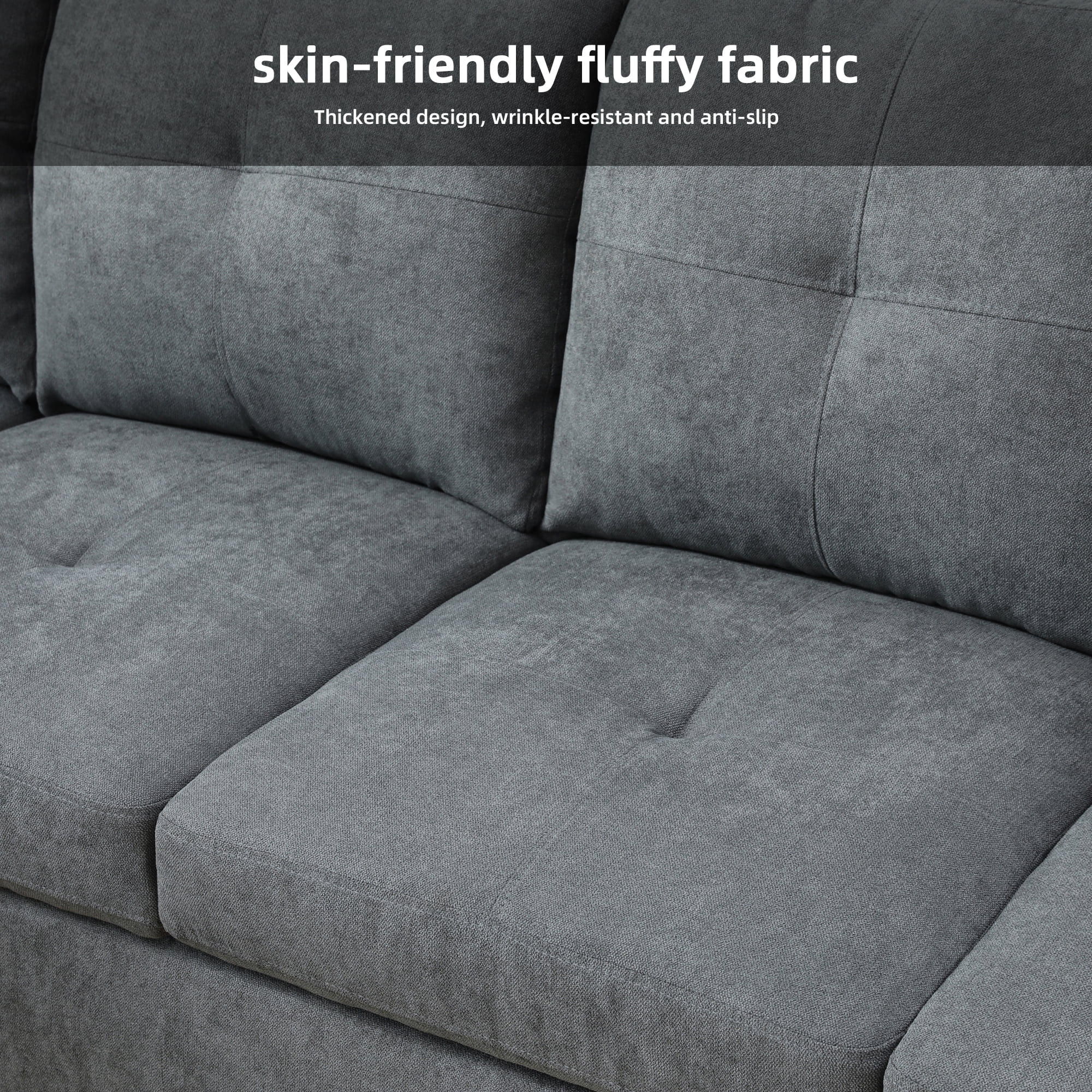 MAYEERTY 97" Modular Couches Fluffy Fabric Sectional Sofa Set for Living Room with Reversible Chaise & Storage Ottoman, Dark Grey (Left)