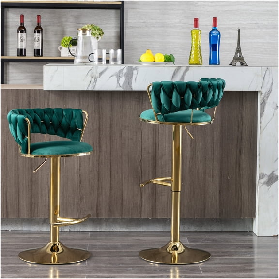 Set of 2 Swivel Bar Stools with Chrome Legs, Adjustable Height and Velvet Upholstery, Green