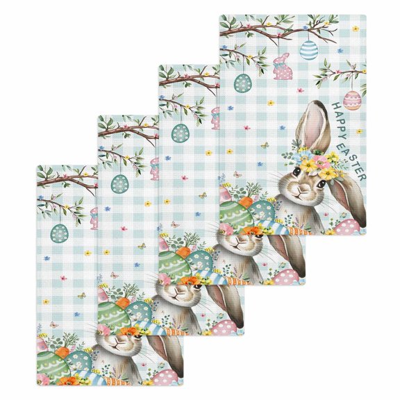 Aqua Easter Bunny Kitchen Dish Towels for Drying Dishes Set of 4, Spring Easter Eggs Floral Buffalo Plaid Waffle Weave Microfiber Hand Tea Bathroom Towels Quick Dry & Absorbent Towel 15.7x23.6