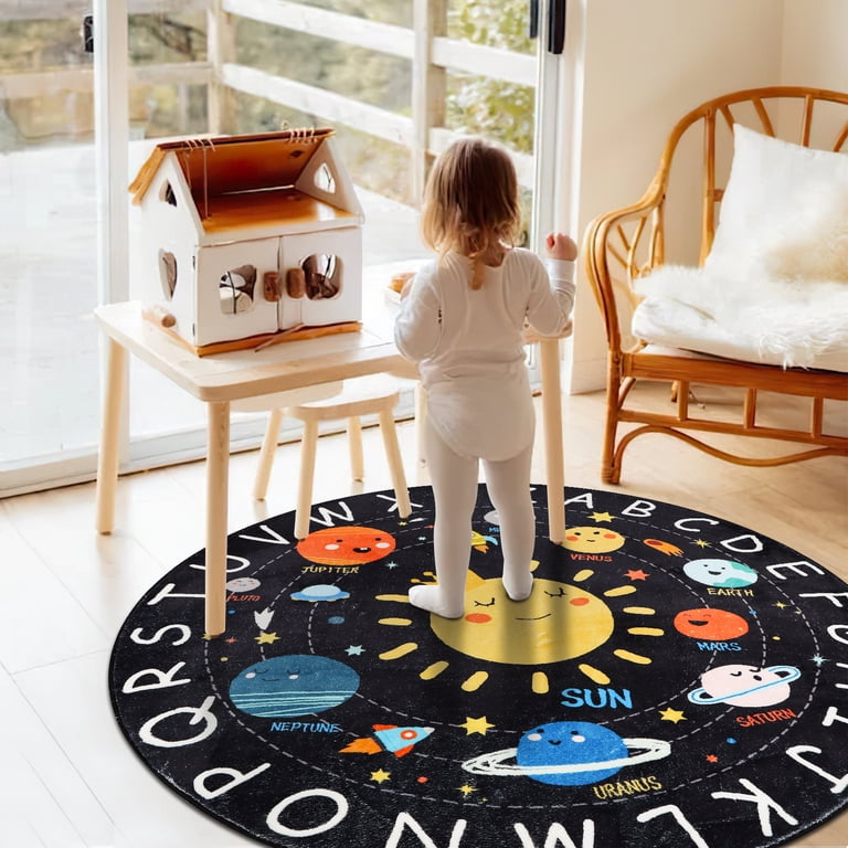 Round ABC Animal Alphabet Play Rug - 4ft Washable Non-Slip Kids Classroom Carpet