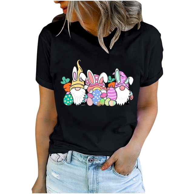 Bowake Easter T-Shirts pour Femmes Manches Courtes Col Rond T-Shirts Easter Joyeux T-Shirts Graphiques Mignons Hauts d'Été Décontractés