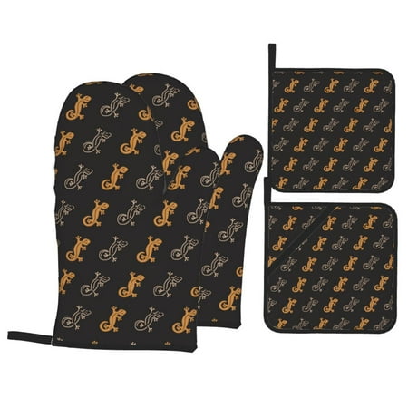 

Oven Mitts and Pot Holders Sets 4 pcs - Cartoon cute lizard gecko Heat Resistant Silicone Oven Gloves with Non-Slip Silicone Surface and hot pads for kitchen Baking Cooking BBQ