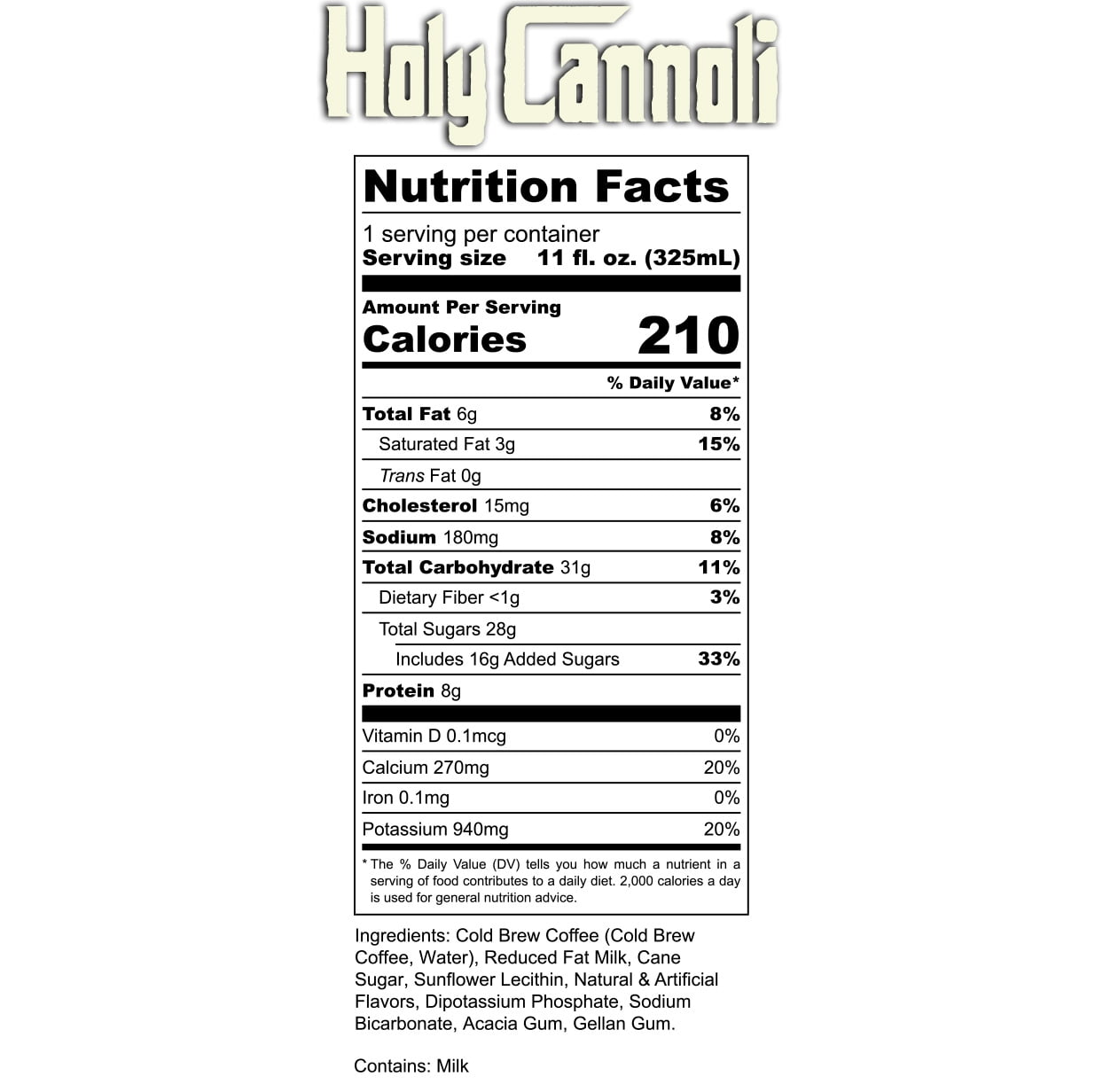 (2 pack) Bones Coffee Holy Cannoli Cold Brew Latte, Cannoli Flavored Ready-to-Drink Coffee with Cows Milk, 11 fl oz Can