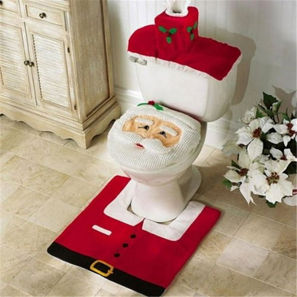 Sunny Juego de 3 piezas Funda para asiento de inodoro Tapa para tanque de agua Alfombrilla Decoración para el baño Juego de Papá Noel
