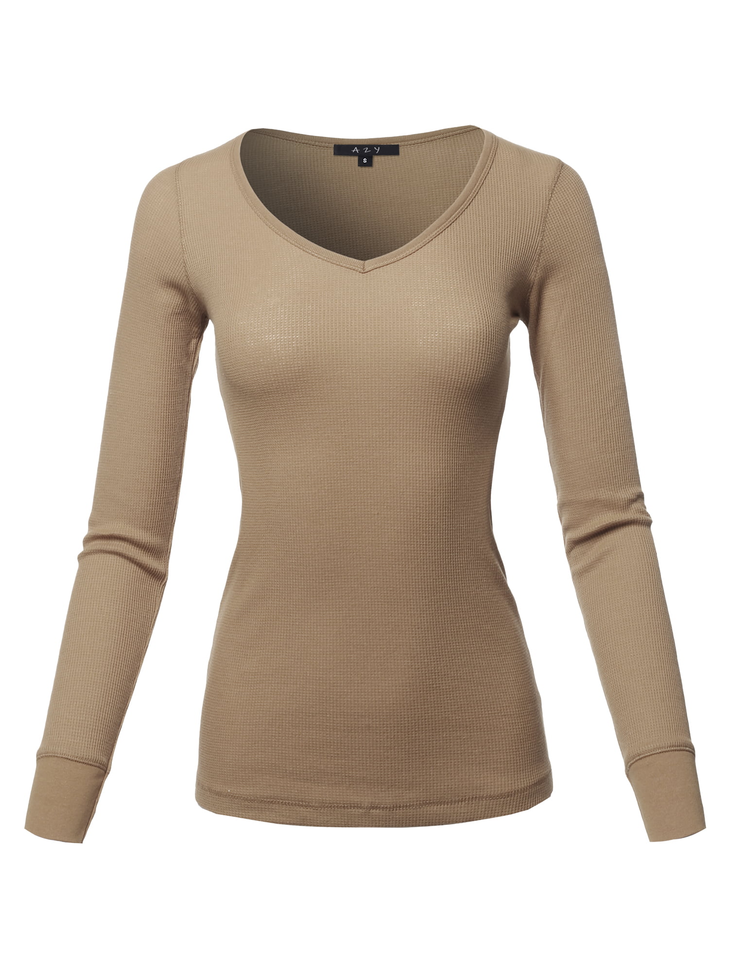 A2y A2y Womens Basic Solid Long Sleeve V Neck Fitted Thermal Top Shirt Khaki L 