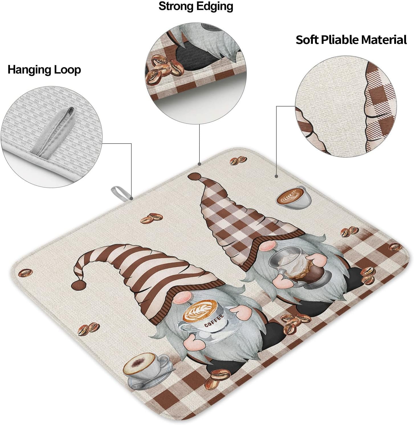 Coffee Gnomes Dish Drying Mat for Kitchen Counter, Retro Brown Plaid Coffee Beans Baby Bottle Microfiber Drying Pad, Absorbent Coffee Cup Dishes Drainer Mats 18"x24", 2 Pcs