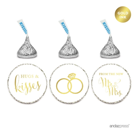 Koyal Wholesale Chocolate Drop Labels Stickers, Wedding Hugs & Kisses from the New Mr. & Mrs., Metallic Gold Ink, 216-Pack