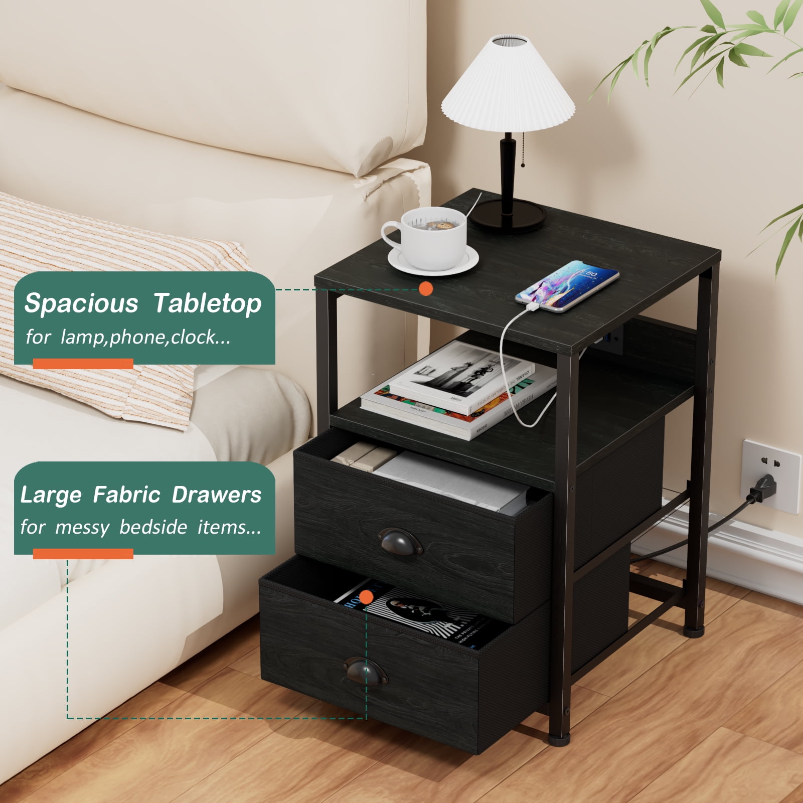 Satifur Nightstand Set of 2, Side End Table with Charging