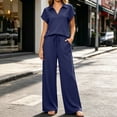 thumbnail image 2 of VBVC Women's Collared V-Neck 2 Piece Lounge Set, Casual Summer Tracksuit Outfit with Drawstring Wide Leg Pants and Pockets,Navy,S-2XL, 2 of 8