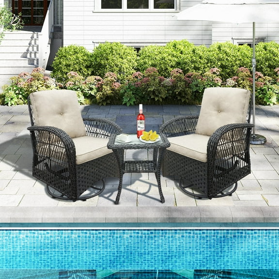 3-Piece Outdoor Wicker Patio Bistro Set, 2 Swivel Rocker Chairs with Cushions and Side Table for Garden & Deck
