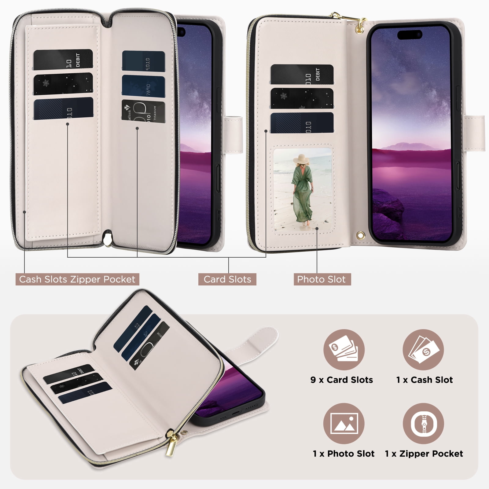 Compatible for iPhone 12 Pro / 12 6.1" Wallet Case, Crossbody Strap PU Leather Folio Phone Cover, Zipper Handbag Purse with Card Holder Lanyard Flip Stand for iPhone 12 Pro / 12 6.1", Beige