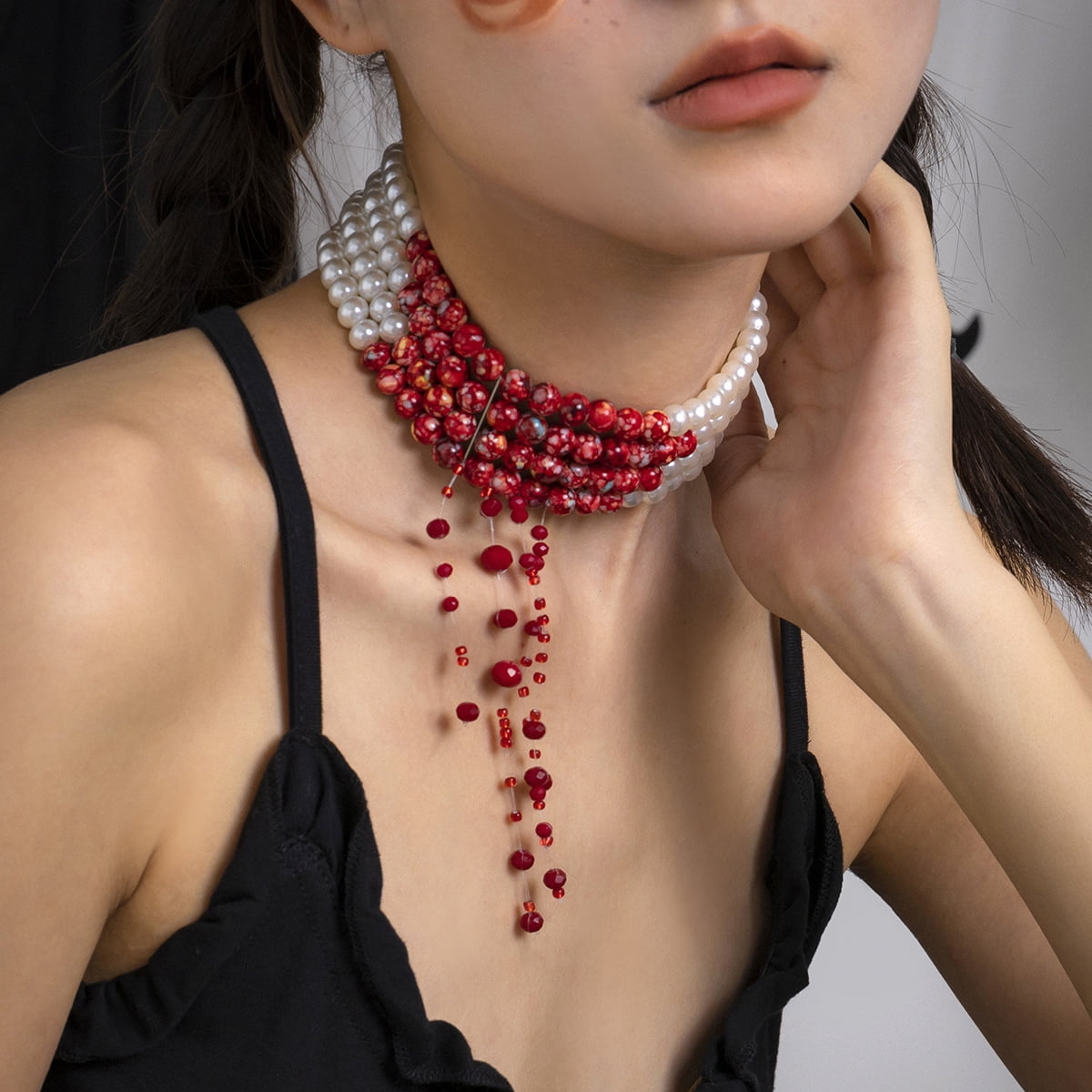 Gothic Vampire Bite Necklace - Dripping Blood Pearls, Four-Layer Choker, Adjustable, Resin & Metal, Halloween Jewelry