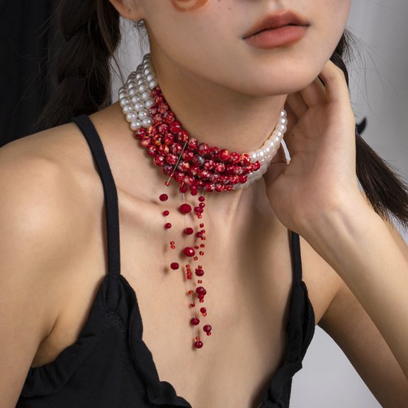 NICKSUN Women Halloween Blood Drop Tassel Choker Necklace, Multi-Strand White Imitation Pearl Red Beaded Collar Necklace, Gothic Party Costume Statement Neck Jewelry for Ladies