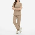 thumbnail image 4 of MLQIDK Khaki Scrubs Sets for Women Plus Size Nursing Uniforms Petite V Neck Scrub Pants and Tops Scrub Joggers Medical Scrub Sets with Pockets Khaki M, 4 of 5
