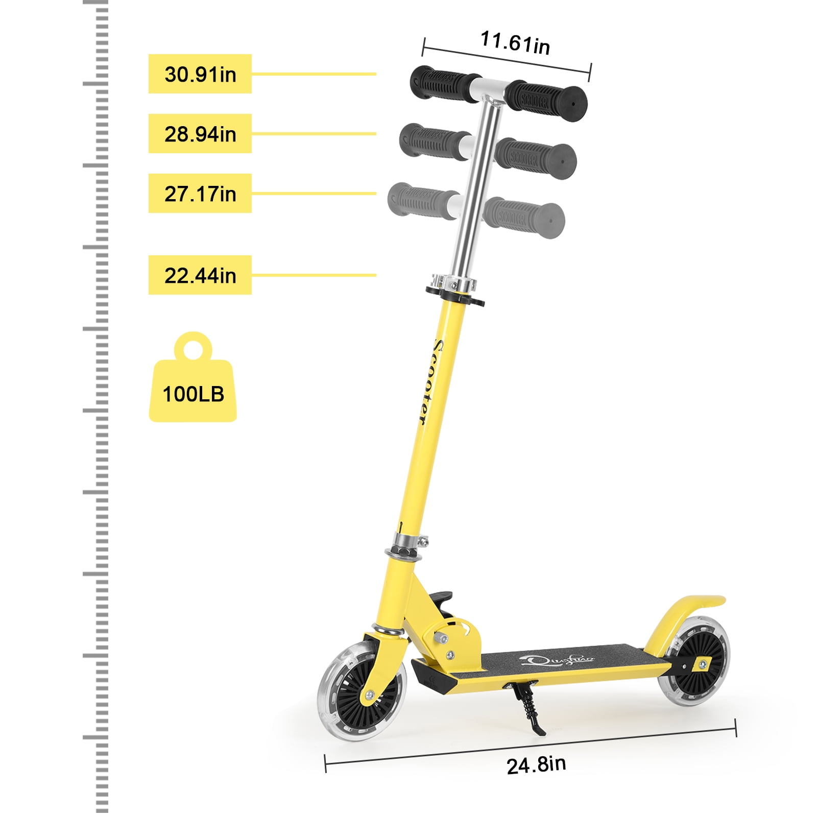 Scooter With 2 Wheels, for Kids Ages 6+, Kickstand Foot Support, Adjustable Height & Foldable, Yellow