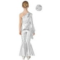 thumbnail image 2 of TSSOE Girls Metallic Romper Jumpsuit One Shoulder Flare Bell-Bottom Pants Bodysuit with Hair Scrunchies Silver 10, 2 of 5
