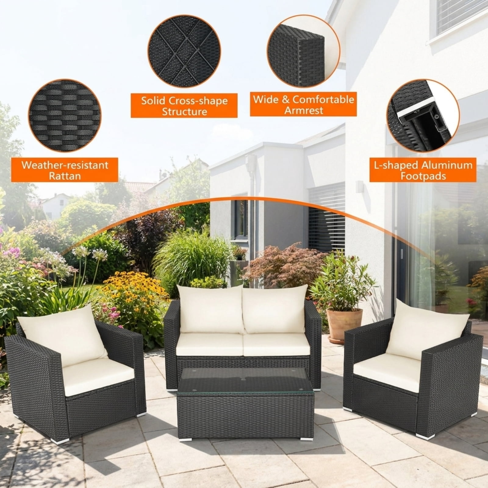 Furnibear 4 Pieces Patio Rattan Conversation Set Outdoor Wicker Furniture Sofa Set with Padded Cushions and Tempered Glass Coffee Table for Garden Backyard, White