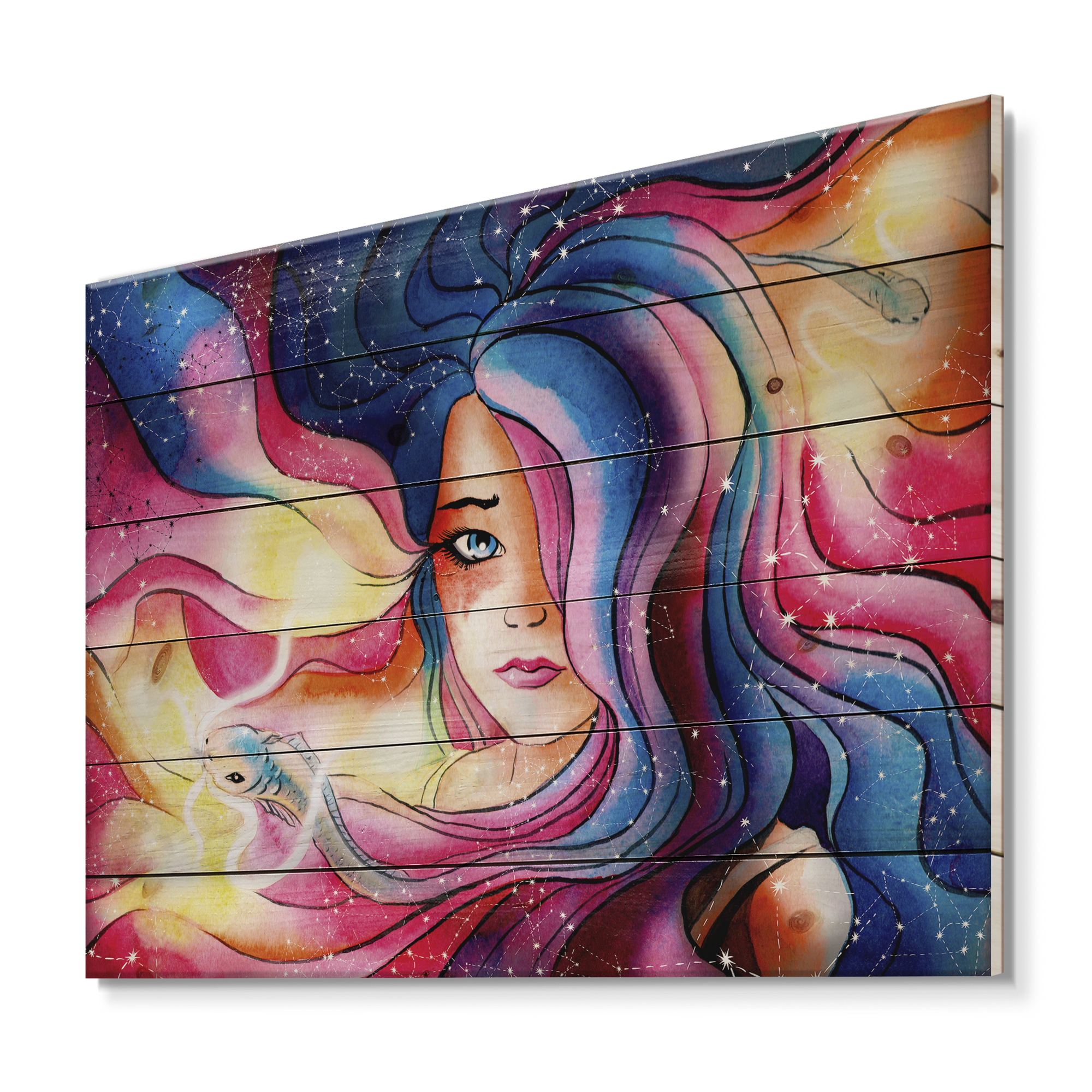 Designart 'The Girl Portrait With The Glowing Hair' Modern Print on Natural Pine Wood