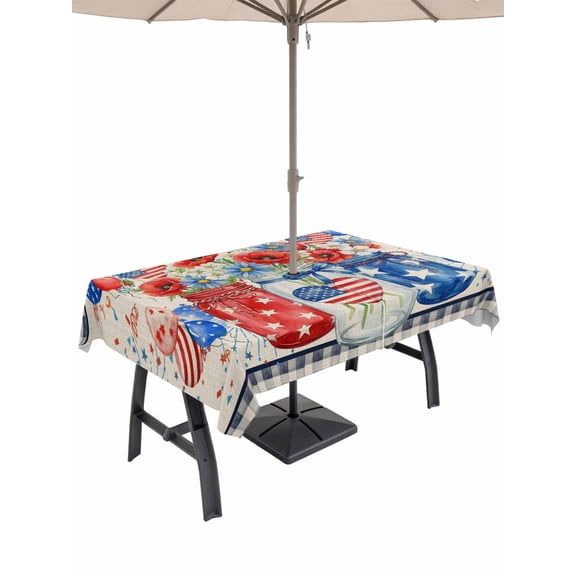 Outdoor Tablecloth with Umbrella Hole for Patio/Picnic/Party/Camping, Independence Day Waterproof Table Cloth Rectangle Table Cover Washable, Red Blue Poppies Floral 4th of July Beige (60"x 102")