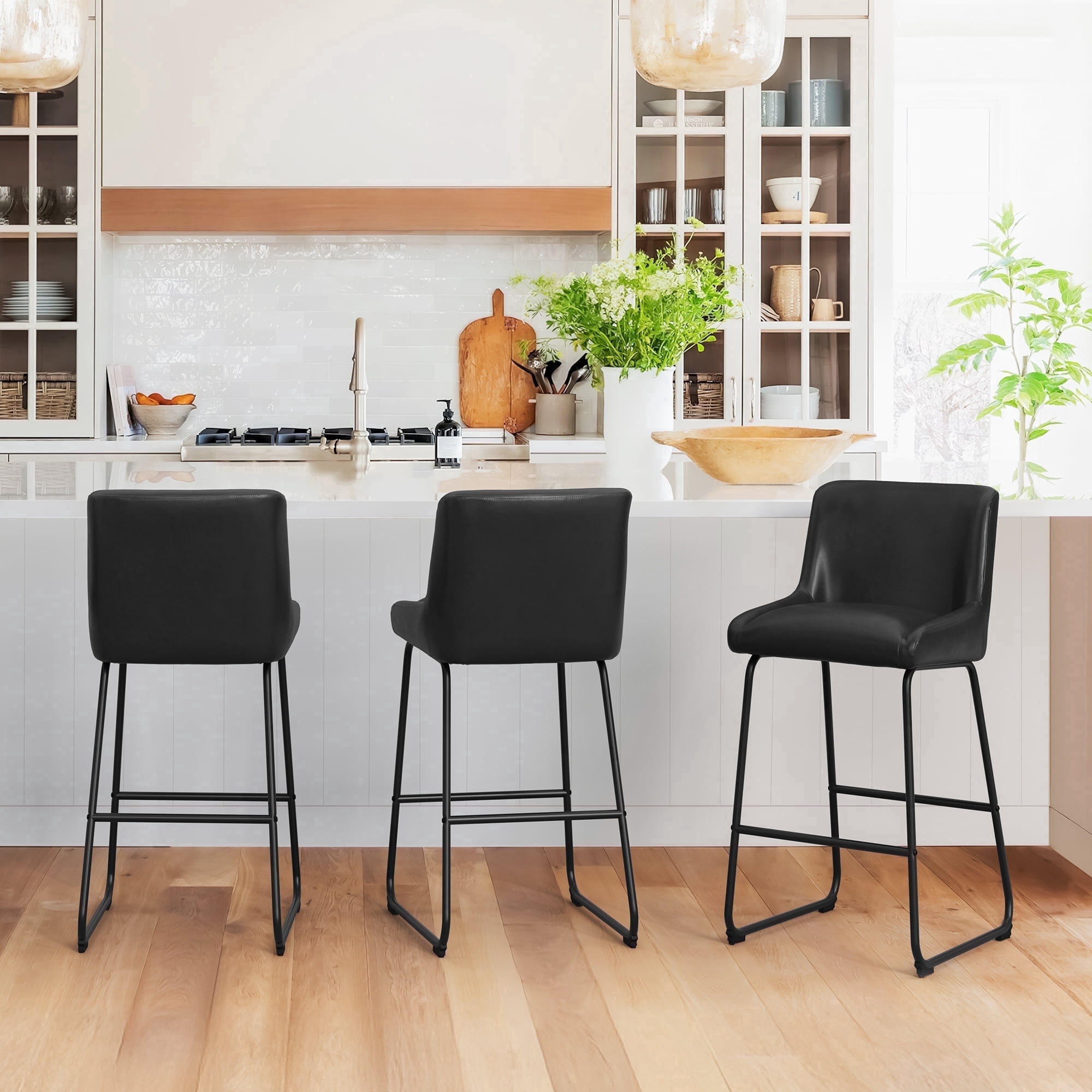 Dycanpo 26" Counter Height Bar Stools Set of 3, Faux Leather 2.5" Cushion, Black