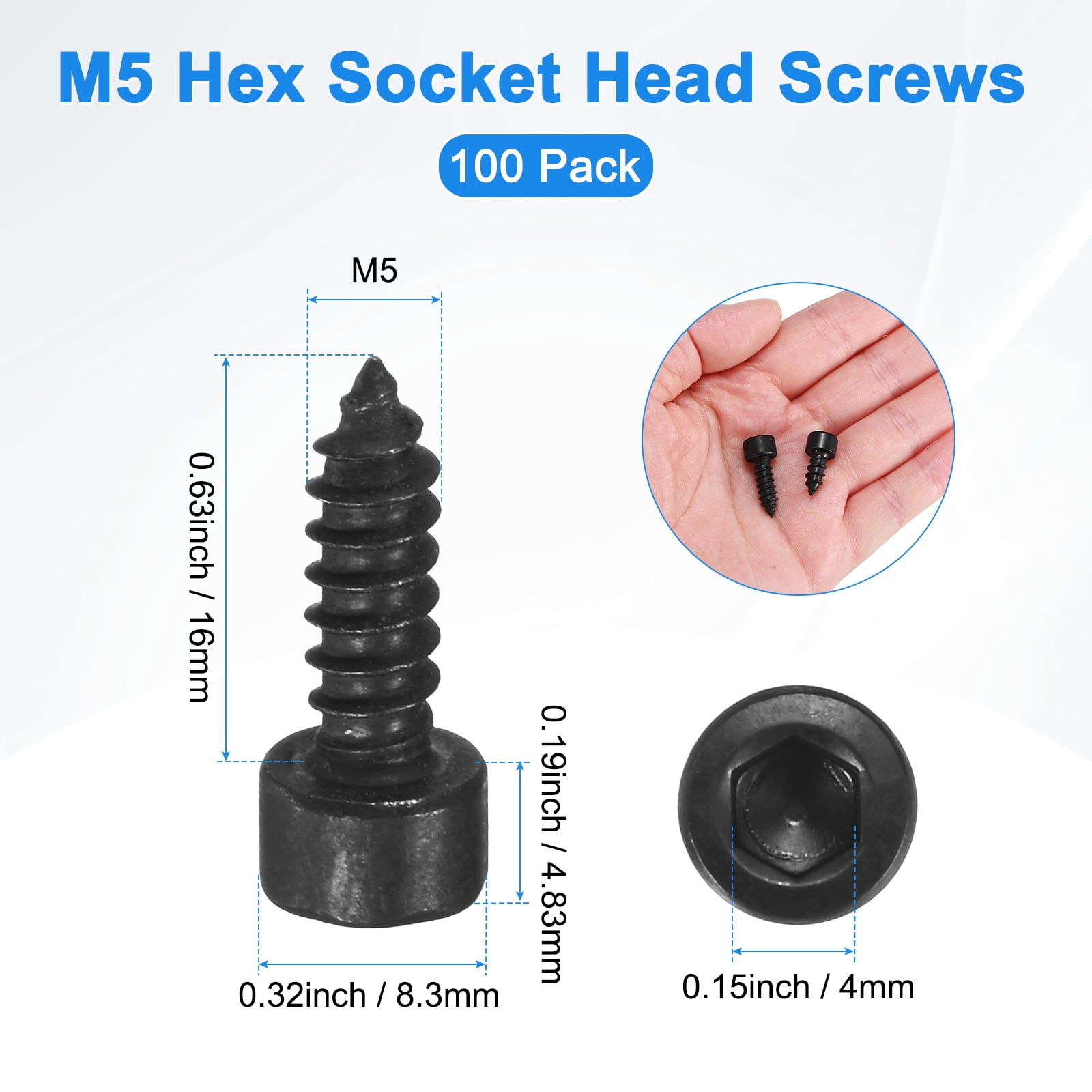 Uxcell 100 Pack Hex Socket Head Screws, M5x16mm Stainless Steel Bolts Full Thread Self Tapping Screws for Furniture Machinery Electrical Appliances [Black]