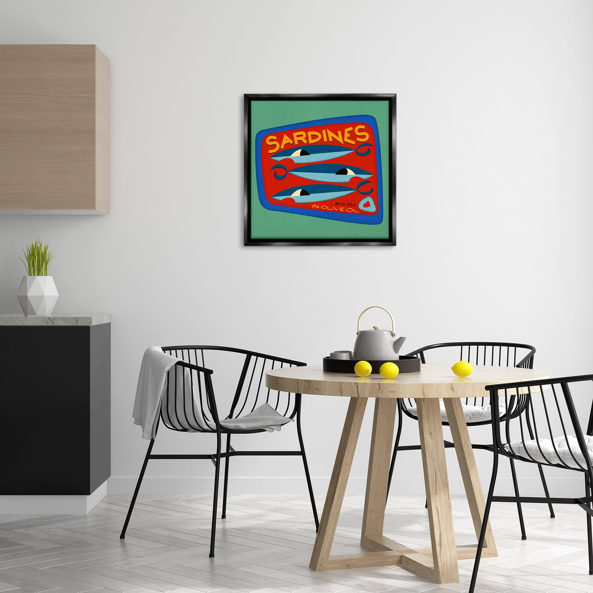 Stupell Industries Bold Sardines Can Food & Beverage Painting Black Floater Framed Canvas Art Print Wall Art, 25 x 25