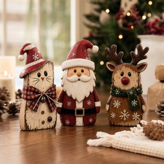 Christmas Tabletop Decor Set of Vintage Wooden Santa Snowman Reindeer Figurines, Holiday Mantel, Shelf, Table, Tiered Tray Decoration for Xmas Home Party