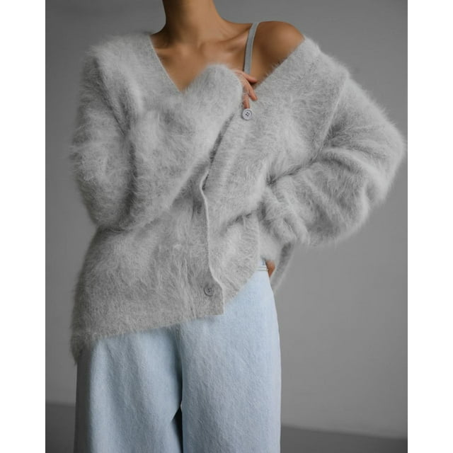 Suéter de punto tipo visón, cárdigan de otoño e invierno, holgado, de manga larga, con cuello en V, para mujer