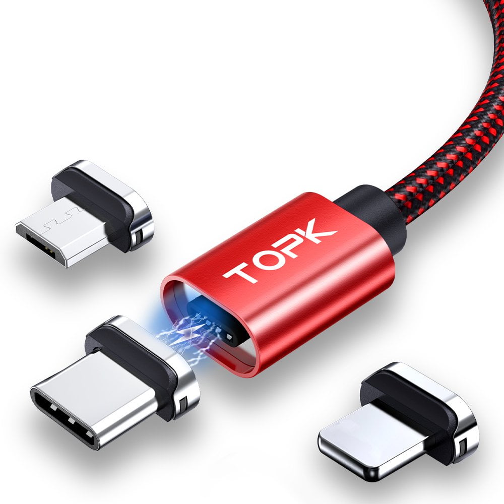 TOPK 3 in 1 Magnetic Micro B /USB C / Lightning Charger Cable Fast Charging  Data Sync Cord Compatible with iPhone Samsung LG 
