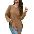 thumbnail image 2 of Women's Long Sleeve Round Neck Pullover Split Solid Color Top Round Neck Sweater On Seasonal Khaki 10(XL), 2 of 3