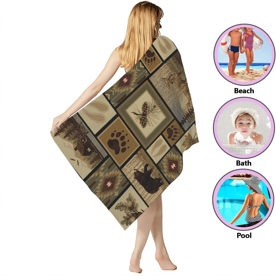 Retro Rustic Beach Towel, Moose Deer Bear Leaf Tree Country Style Farmhouse Microfiber Ultra Soft Quick Dry Highly Absorbent Bath Towels for Beach Party Outdoor Travel Swim Pool Yoga 33x52 Inch