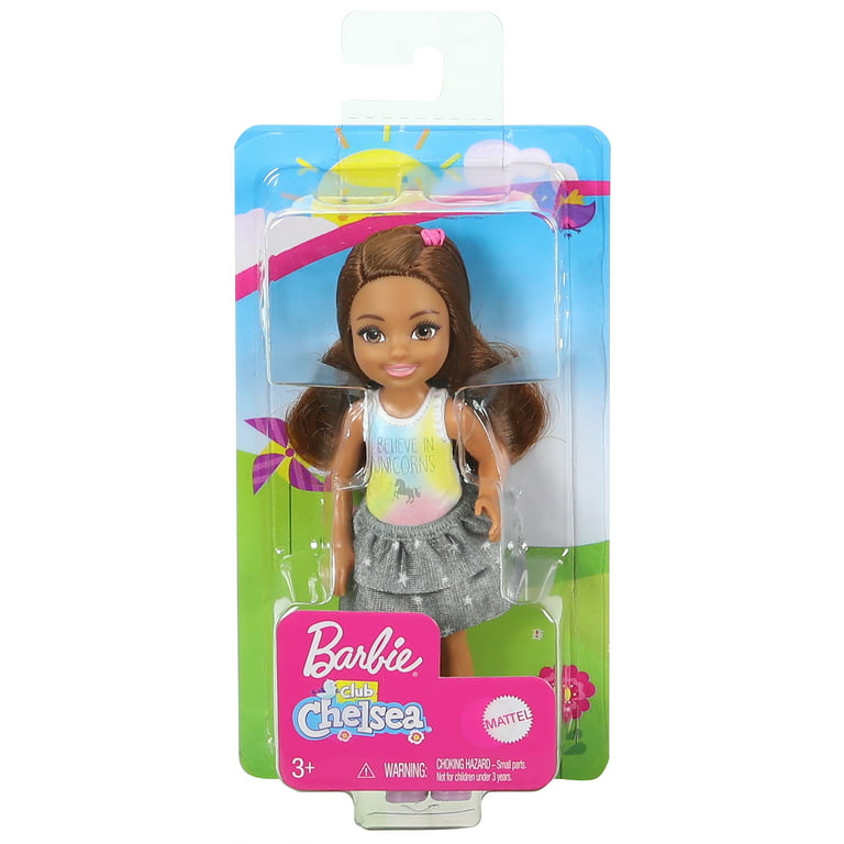 Barbie Club Chelsea Doll (6-Inch Brunette) With Unicorn Graphic And Star  Skirt