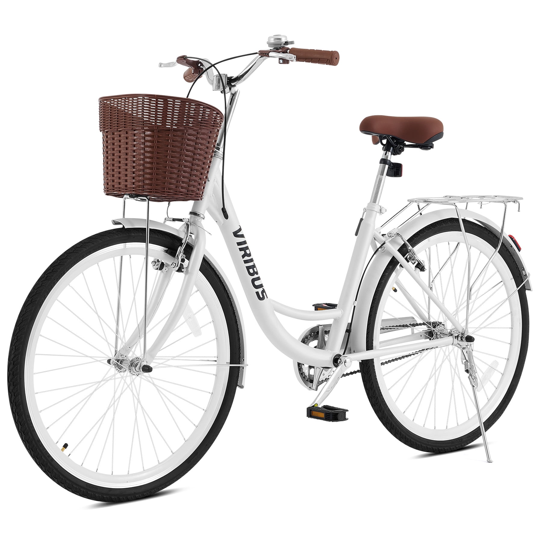 Viribus 24" City Cruiser Bicycle with Carbon Steel Frame Dual V Brakes Basket,Commute Bike for Women Adults,White