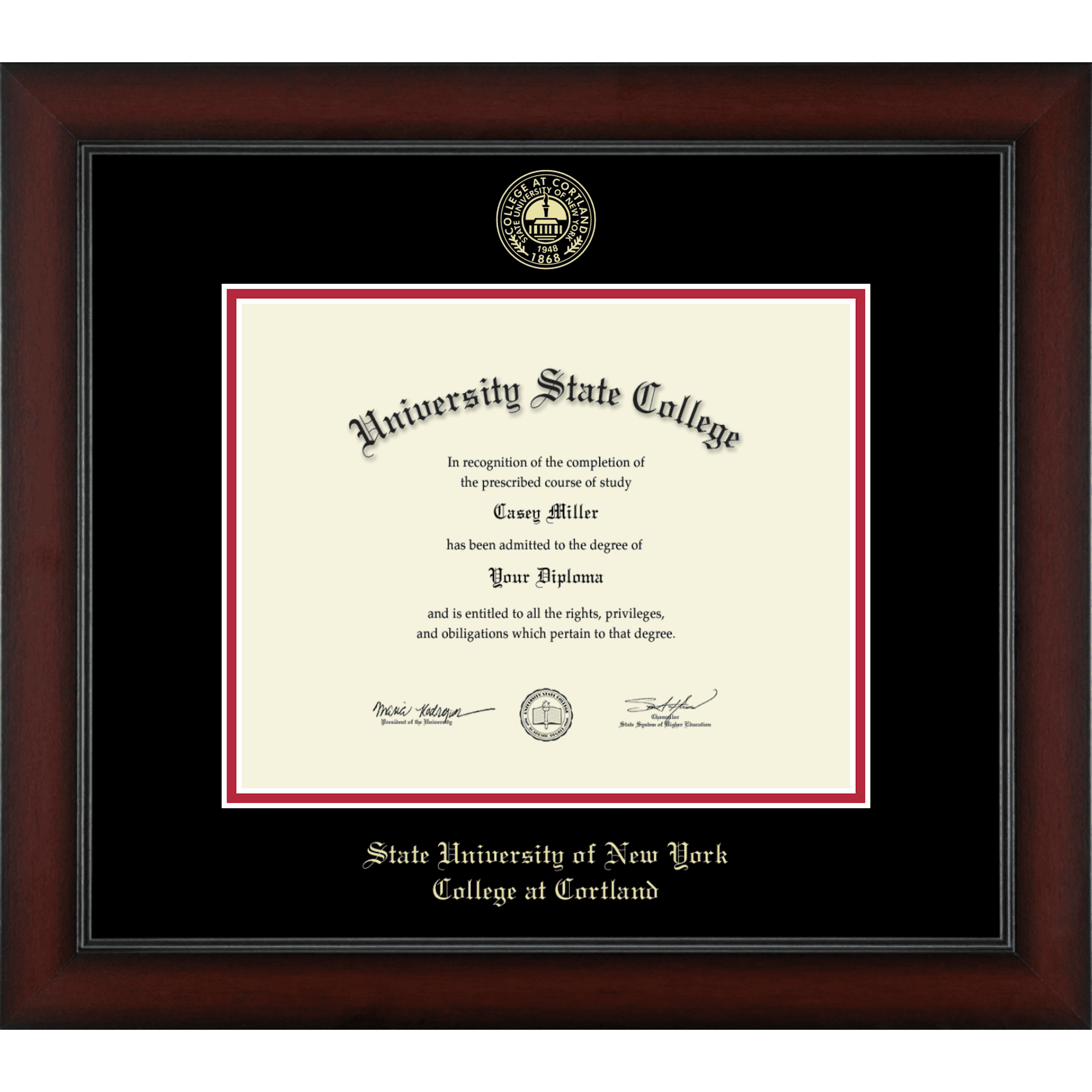 State University of New York Cortland Diploma Frame, Document Size 10" x 8"