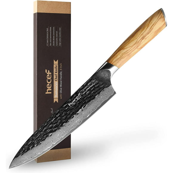 Hecef 8-Inch Japanese Chef Knife, Forged 67-Layer Damascus Steel Ultra Sharp Professional Hammered Carving Knife