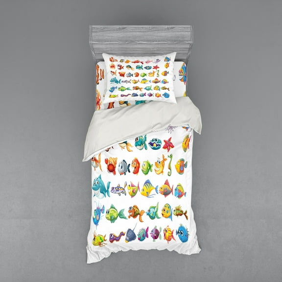 Ambesonne Fish Bedding Set 3 Pcs, Happy Fish Abstract, Twin XL, Multicolor