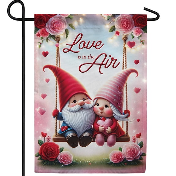 America Forever Enchanted Gnome Love Garden Flag, 12.5 x 18 inch Double Sided, Love is in the Air Banner, Valentine Hearts Romance Decorations, Yard Flag