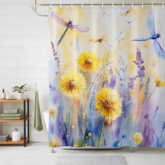 Shower Curtain Yellow Purple Flower Shower Curtains for Bathroom Decor, Waterproof Polyester Shower Curtain Set with Hooks, Small Stall Size 36" x 72" Watercolor Dragonfly