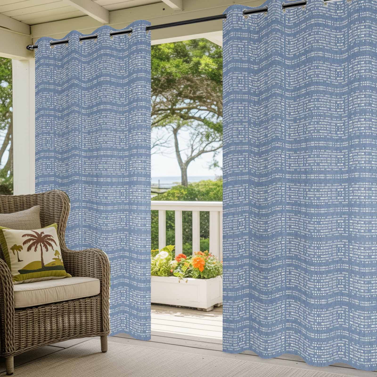 Blue White Pixels Outdoor Curtains for Patio, Modern Contemporary Abstract Boho Sunshade Privacy Drapes Grommet Waterproof Outside Curtains for Porch/Cabana/Balcony 54"x 95", 1 Panel